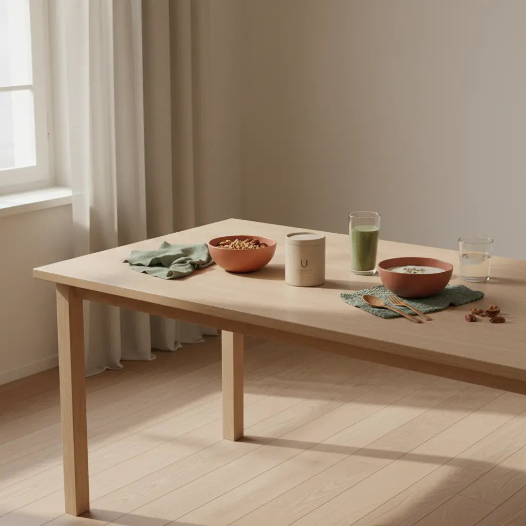 besinnliche Weihnachtszeit: nachhaltiges veganes Frühstück mit Granola, Pflanzenjoghurt, Nüssen und Shake auf minimalistischem Tisch in sanftem Morgenlicht