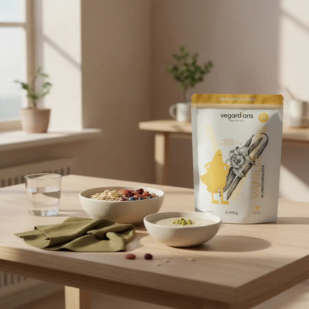 Sanfte Morgen-Szene mit nachhaltigem Holztisch, Müsli, Nüssen, Beeren und cremigem Proteinshake – ideal für die beste Diät zum Abnehmen