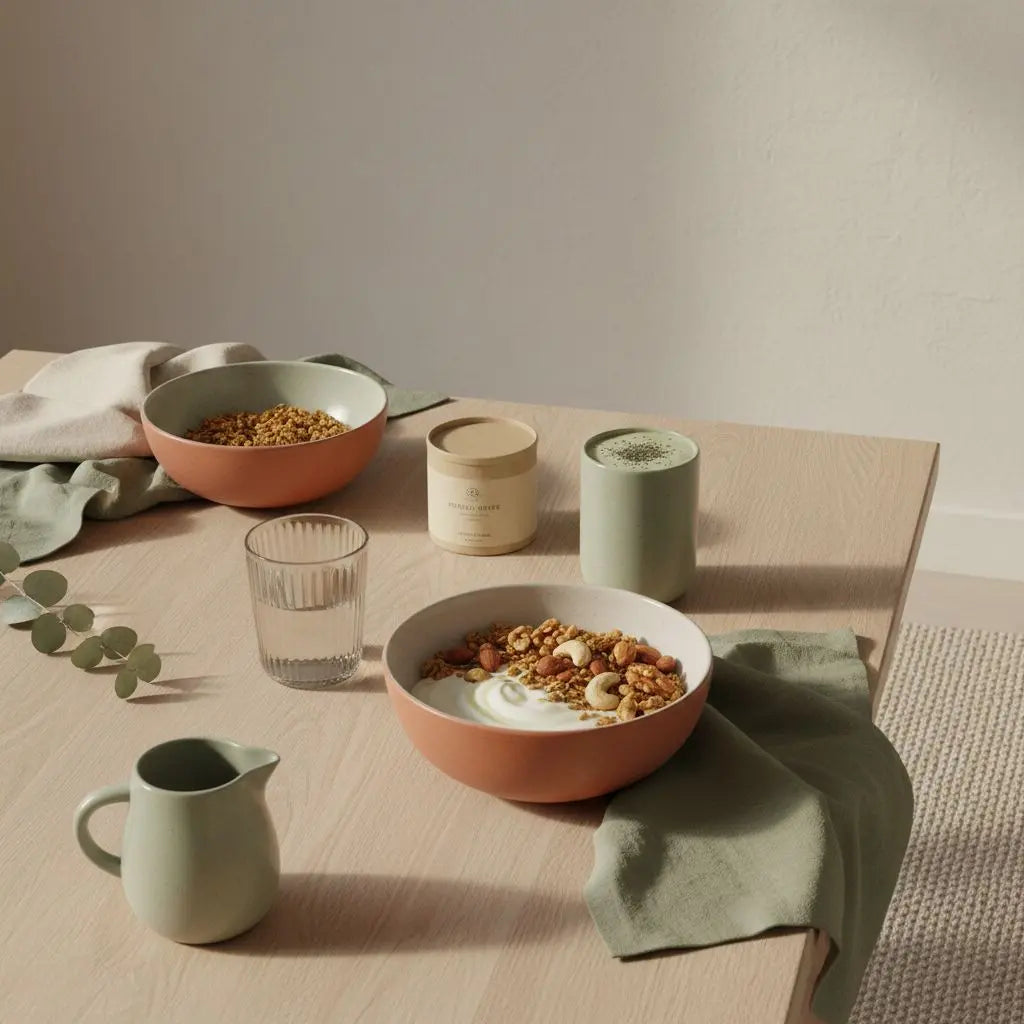 Veganer Frühstückstisch in europäischer Küche mit Granola, Joghurt, Nüssen, Shake und dem Produkt aus den Referenzfotos – beste Hilfe zum Abnehmen