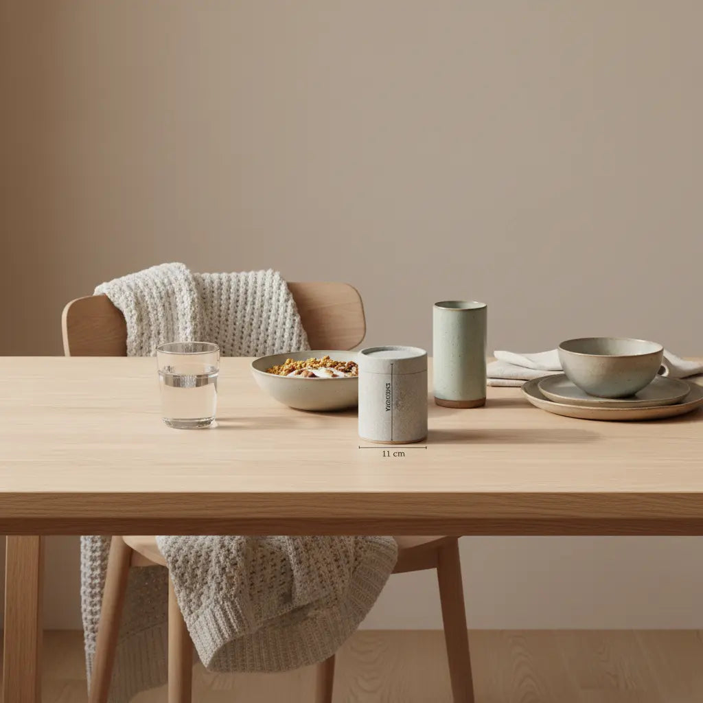 Minimalistisches Frühstück in europäischer Küche: veganes Müsli mit Joghurt, Nüssen und Shake, Wasserglas, Wolltextur und Leinenserviette in erdiger Farbpalette — beste jahreszeit für muskelaufbau