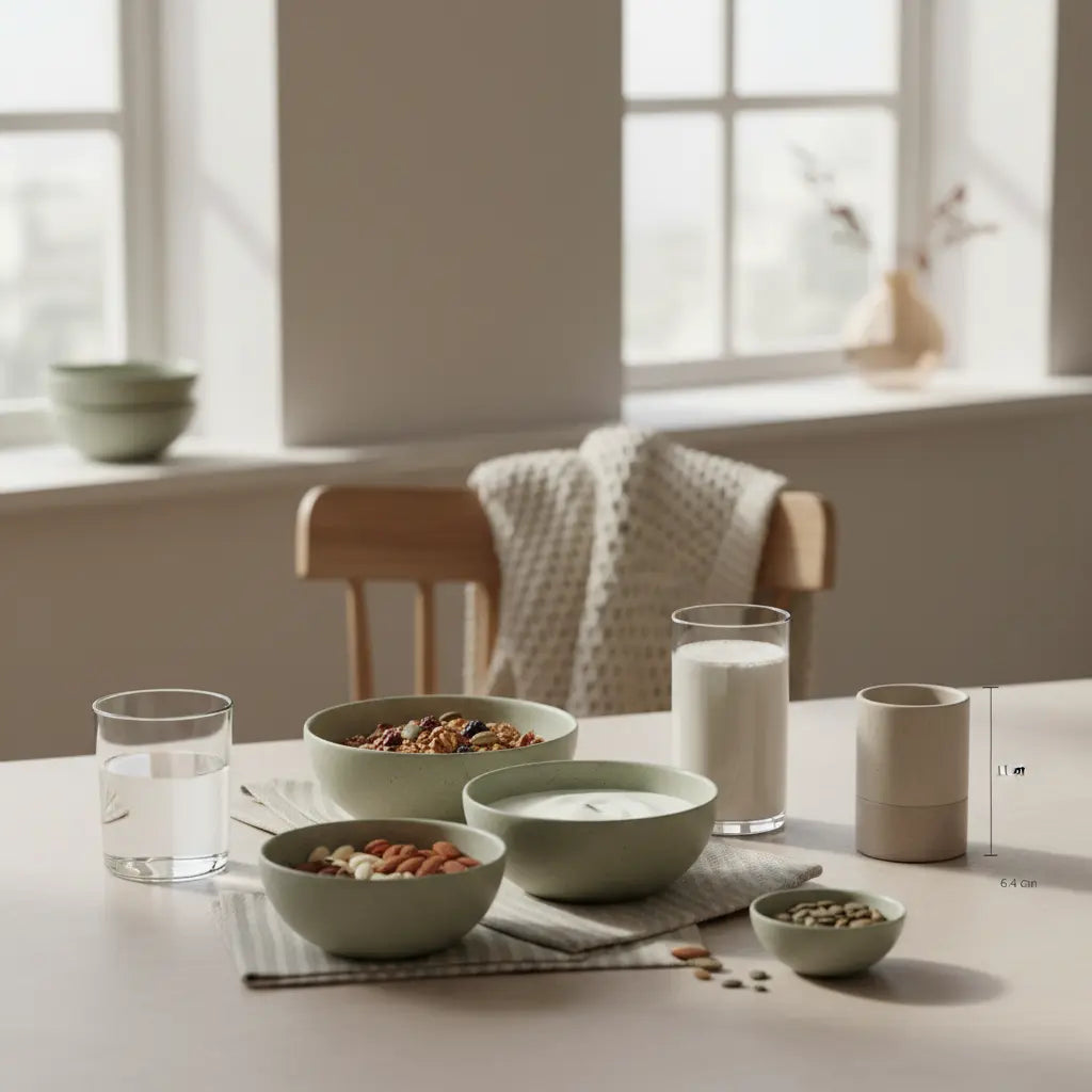 Veganes Frühstück mit Granola, pflanzlichem Joghurt, Nüssen und Shake auf minimalistischem Tisch in europäischer Küche — beste jahreszeit zum abnehmen