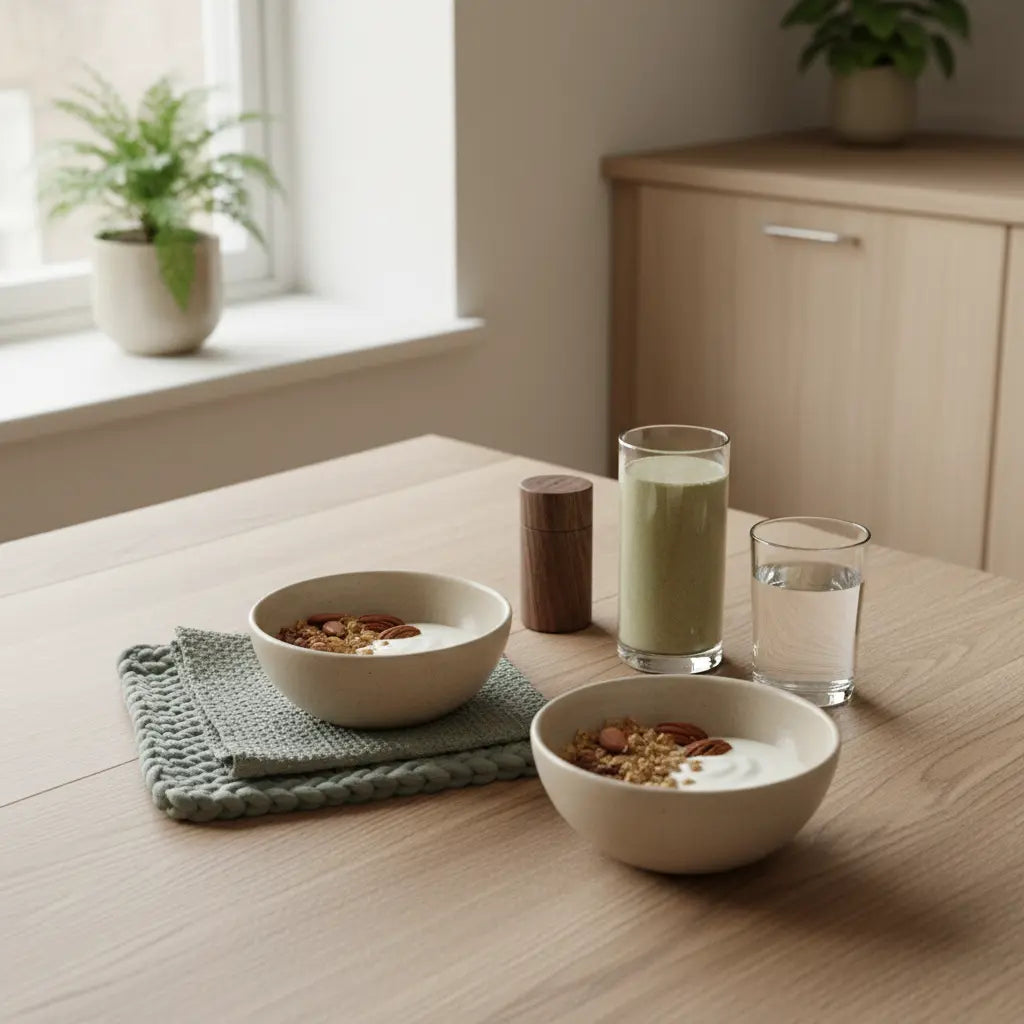 Veganes Frühstück mit Granola, pflanzlichem Joghurt, Nüssen und Shake auf Holztisch in heller Küche – beste natürliche eiweißquelle, minimalistisch und nachhaltig