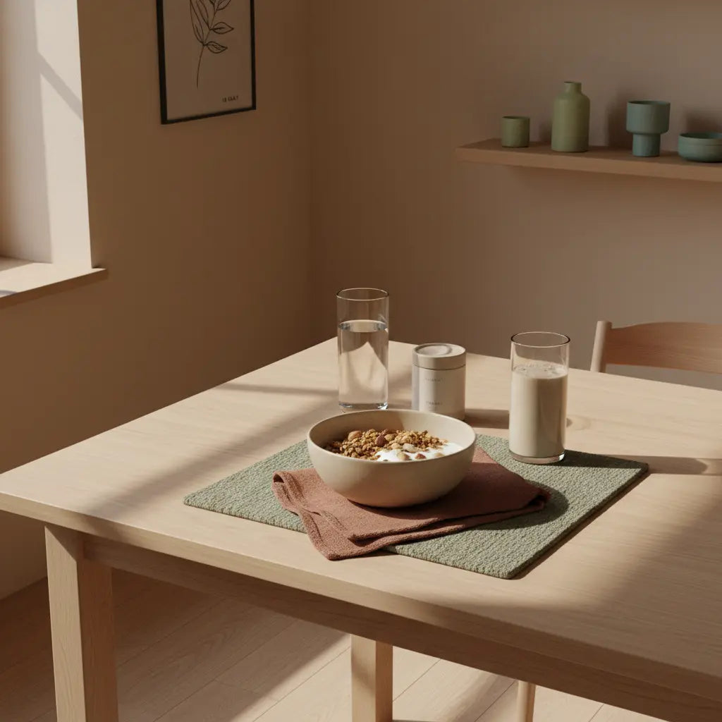 Minimalistisches Frühstück in europäischer Küche mit Granola, pflanzlichem Joghurt, Nüssen und Shake auf nachhaltigem Holztisch – beste pflanzliche proteine für muskelaufbau