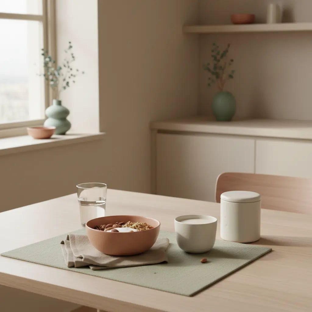 Minimalistisches Frühstück in europäischer Küche mit veganer Granola-Bowl, Protein-Shake und Glas Wasser, winterliche Texturen – beste Trainingszeit Frauen