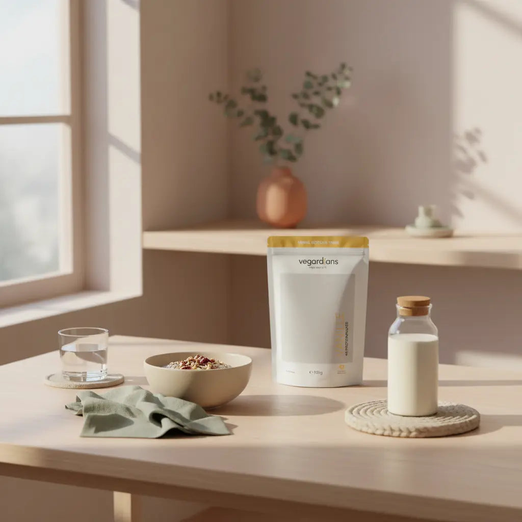 Minimalistische Küchenaufnahme mit Hafer, Nüssen, Glas Wasser und Vanille-Proteinshake als visuelle Metapher zur beste Übung für ein Sixpack.