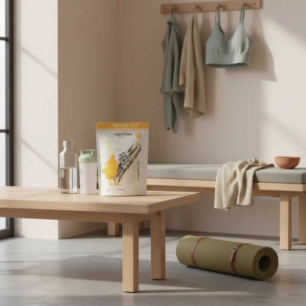 Aufgeräumter Umkleidebereich im Morgenlicht mit Matte, Wasserflasche und Protein-Shaker auf Holztisch – ruhige Vorbereitung für die beste Zeit Fitnessstudio