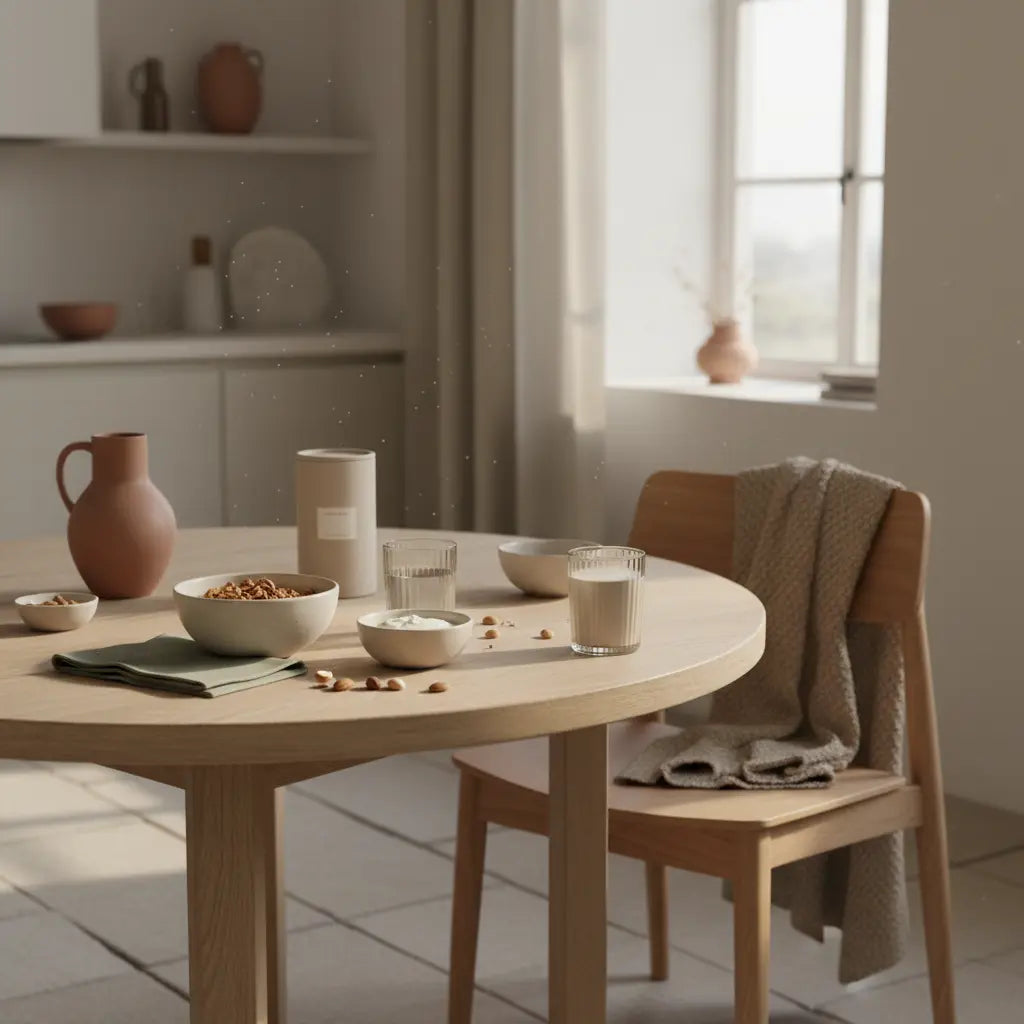 Veganes Morgenfrühstück mit Granola, pflanzlichem Joghurt, Nüssen und Shake auf nachhaltigem Tisch in Vegardians-Farben – bester Monat zum Abnehmen