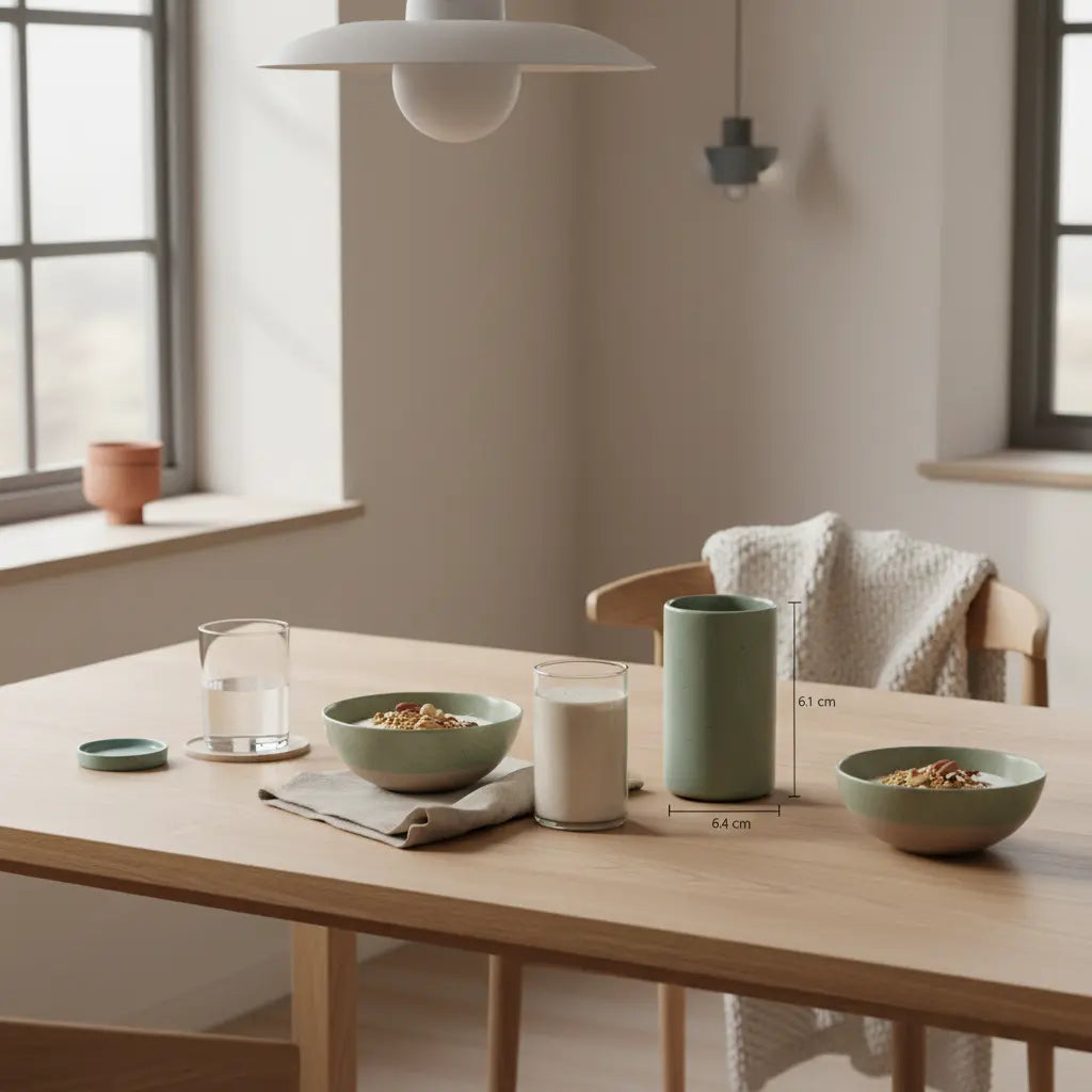 Veganer Frühstückstisch in hellem Morgenlicht mit Granola, Joghurt, Nüssen, Shake und nachhaltigem Geschirr — bestes eiweiß zum muskelaufbau