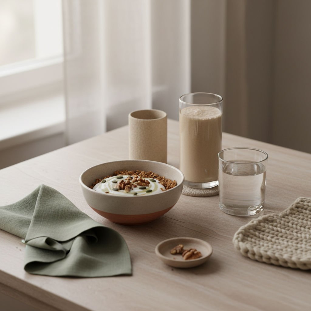 Minimalistisches Vegardians-Frühstück mit Granola, pflanzlichem Joghurt, Nüssen und Shake auf einem nachhaltigen Tisch in softem Morgenlicht – bestes pflanzliches eiweiß