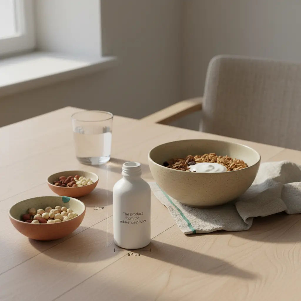 Minimalistisches veganes Frühstück in europäischer Küche mit Müsli, Joghurt-Alternative, Nüssen und einem Proteinshake (Das Produkt aus den Referenzfotos) – bestes proteinpulver muskelaufbau