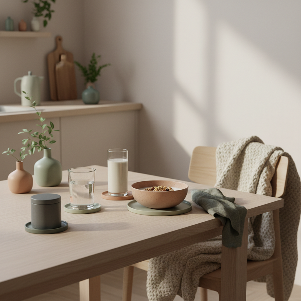 Minimalistisches Vegardians-Frühstück mit Granola, Joghurt, Nüssen, Shake und Wasserglas im Morgenlicht – Besucherzahlen Fitnessstudio Neujahr