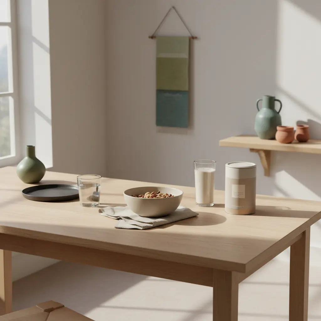 Bild zur Unterstützung von bitterstoffe abnehmen: Minimalistische Morgenküche mit Holztisch, Müslischale, Nüssen, Glas Wasser, Proteinshake und Produkt aus den Referenzfotos, ruhige Farben.