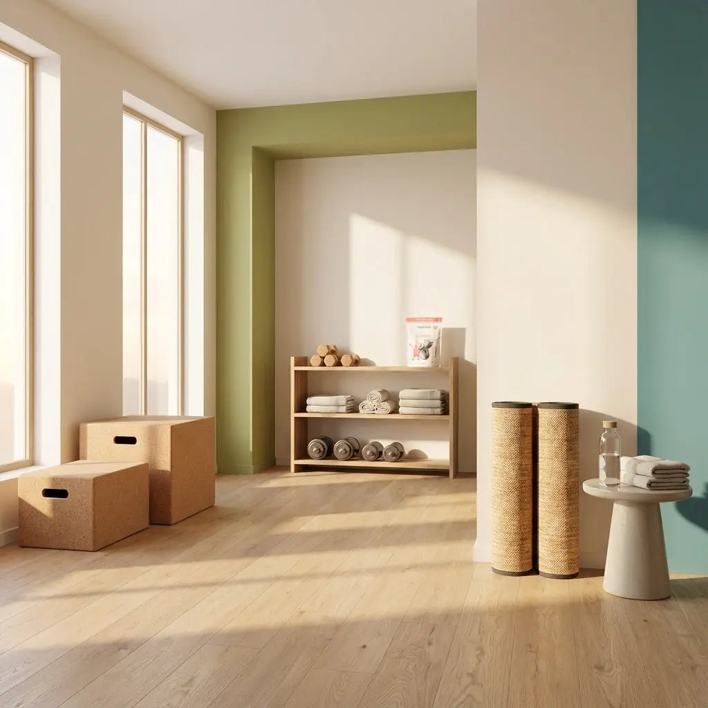 Leeres, minimalistisches Fitnessstudio in sanftem Morgenlicht mit Gymnastikmatten, Hanteln und Plyobox, Naturmaterialien und Markenfarben, ruhige Trainingsatmosphäre – body attack