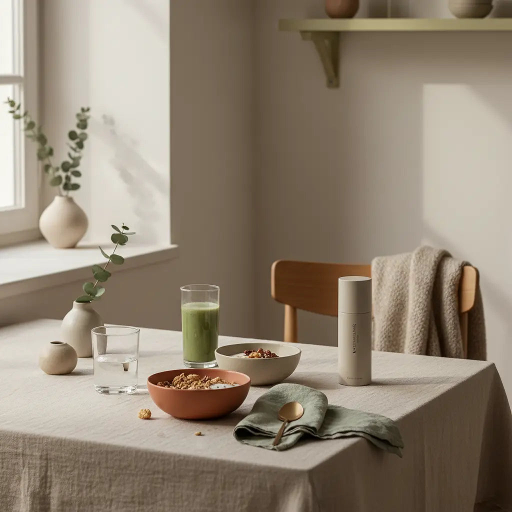 Veganes Frühstück mit Granola, pflanzlichem Joghurt, Nüssen und Shake auf nachhaltigem Tisch im weichen Morgenlicht, minimalistisches Vegardians-Design — Brokkoli Jod