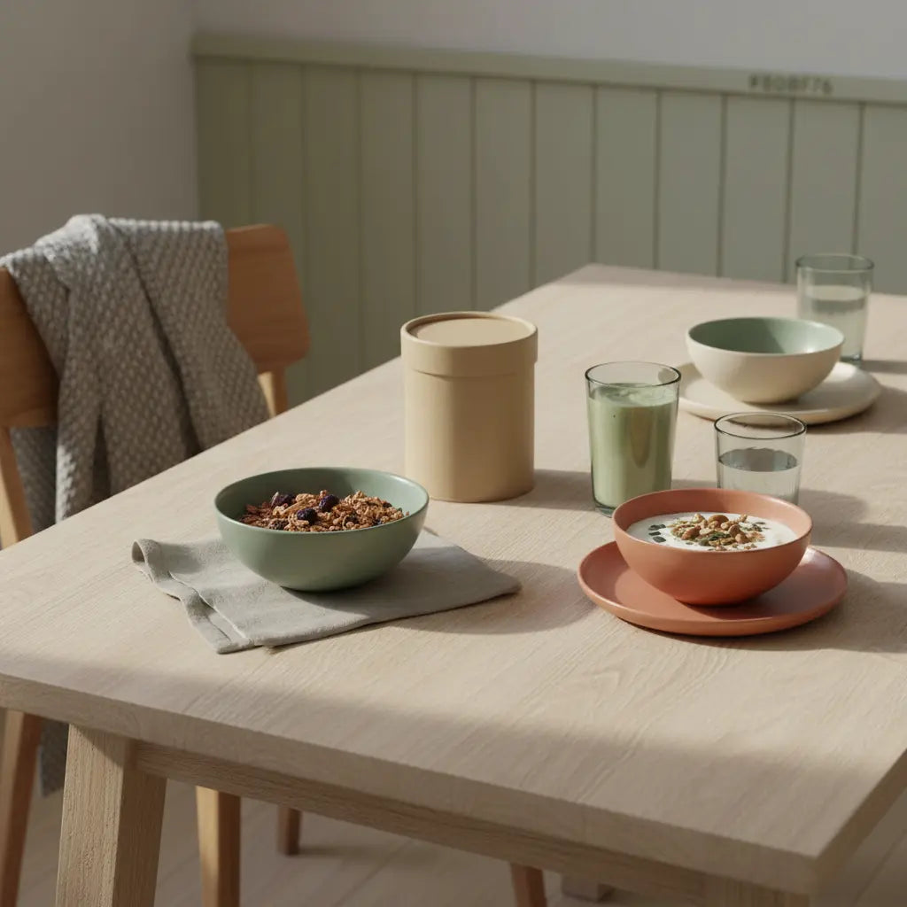 Brot essen: Minimalistisches Frühstück auf nachhaltigem Tisch mit Granola, veganem Joghurt, Nüssen und Shake in Keramikschalen, Leinen und Wolltexturen im Vegardians-Farbstil