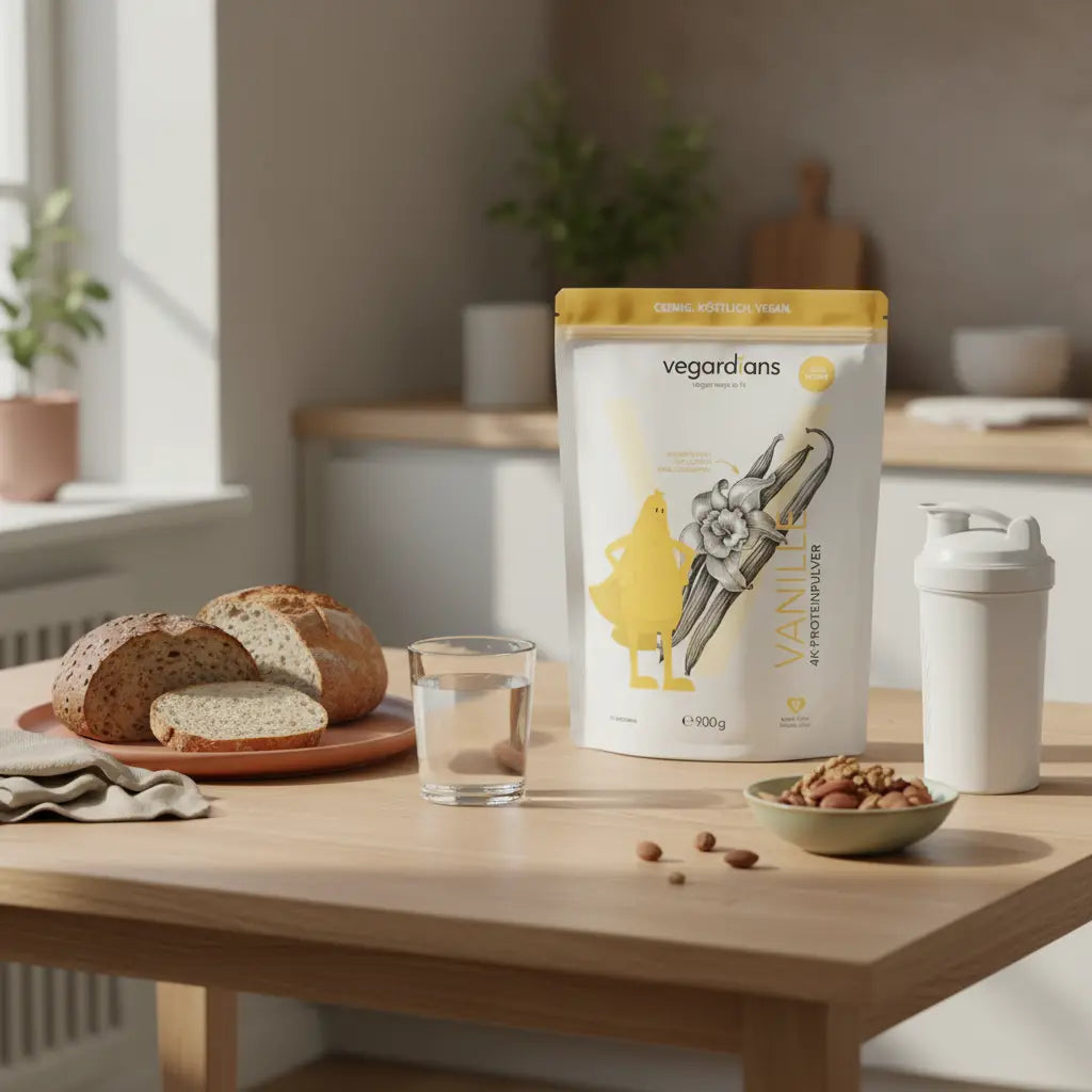 Frühstück mit Vollkorn- und Saatenbrot auf nachhaltigem Holztisch, Glas Wasser, neutraler Smoothie-Shaker und Schale Nüsse im sanften Morgenlicht – Brot zum Abnehmen
