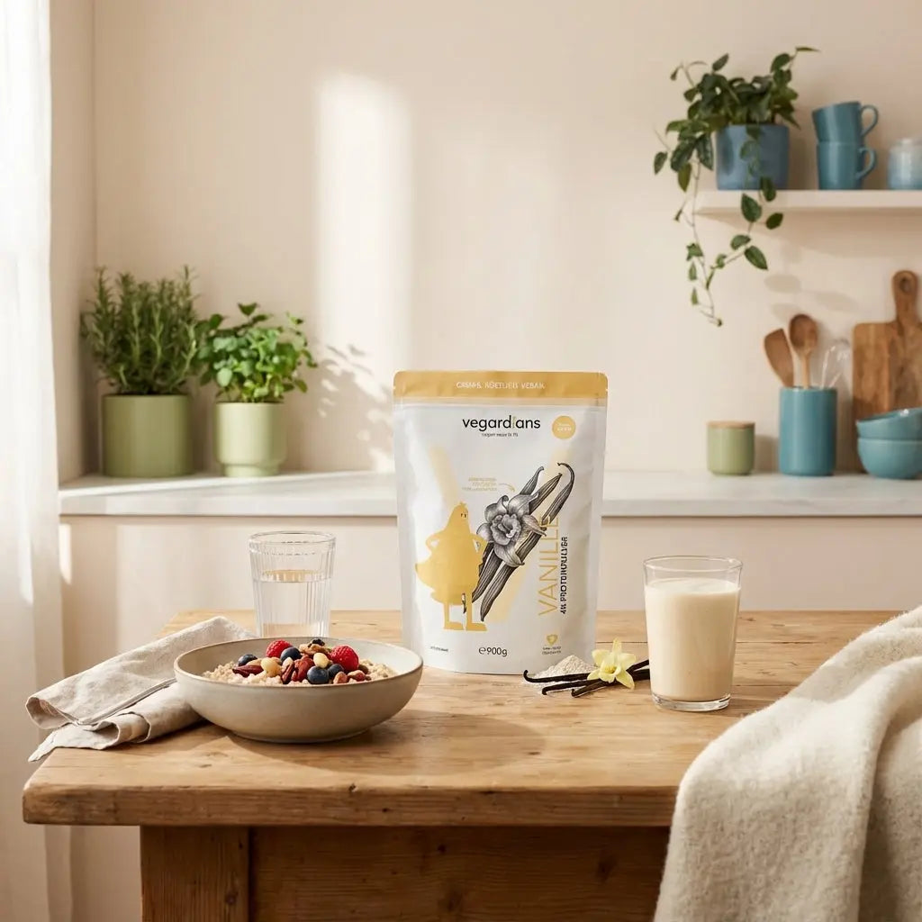 Veganes Frühstück mit Hafer, Beeren, Nüssen und Shake auf nachhaltigem Holztisch in sanftem Morgenlicht, minimalistisch und nährend für carb cycling