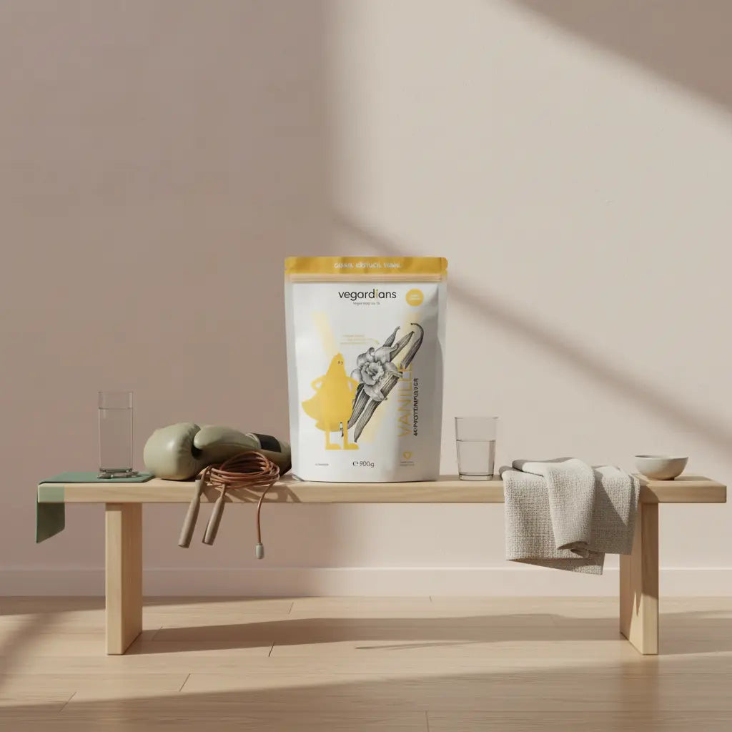 Minimalistische Cardio-Boxing-Trainingsszene mit Vegardians-Produkt auf Holzbank, Boxhandschuhe, Springseil und Wasserglas in Markenfarbpalette