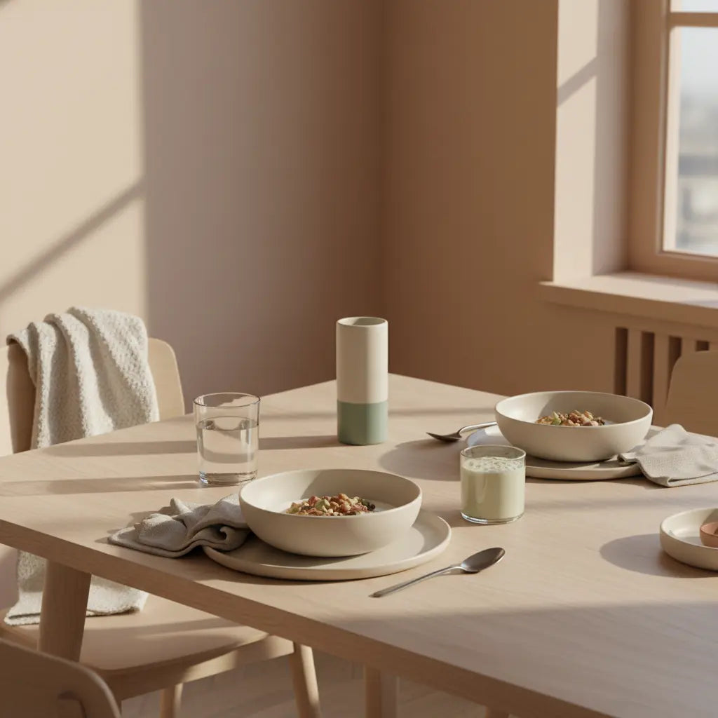 Minimalistisches Frühstück mit veganem Granola, Joghurt, Nüssen und Shake auf nachhaltigem Tisch im warmen Morgenlicht – cardio