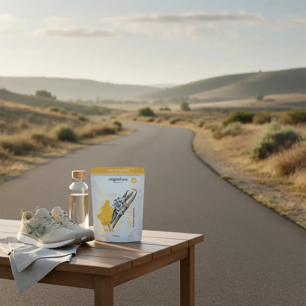 cardio-morgen: leerer laufweg im sanften morgenlicht, holztisch mit laufschuhen, trinkflasche und dem produkt aus den referenzfotos, ruhige minimalistische szenerie