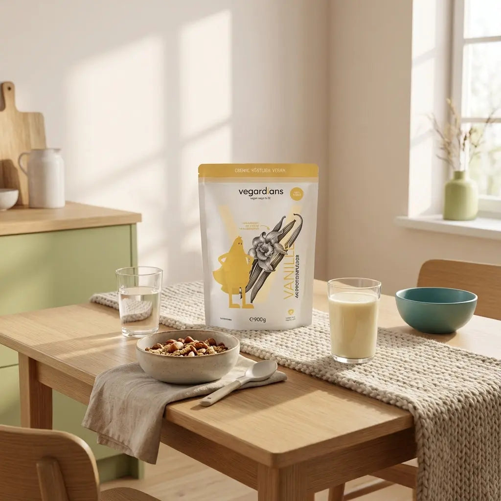 Minimalistisches Frühstück auf nachhaltigem Holztisch mit Glas Wasser, Müslischale, Nüssen und Vanille-Protein-Shake, dezente Woll- und Leinenakzente, ruhige Morgenstimmung — cardio zuhause ohne geräte