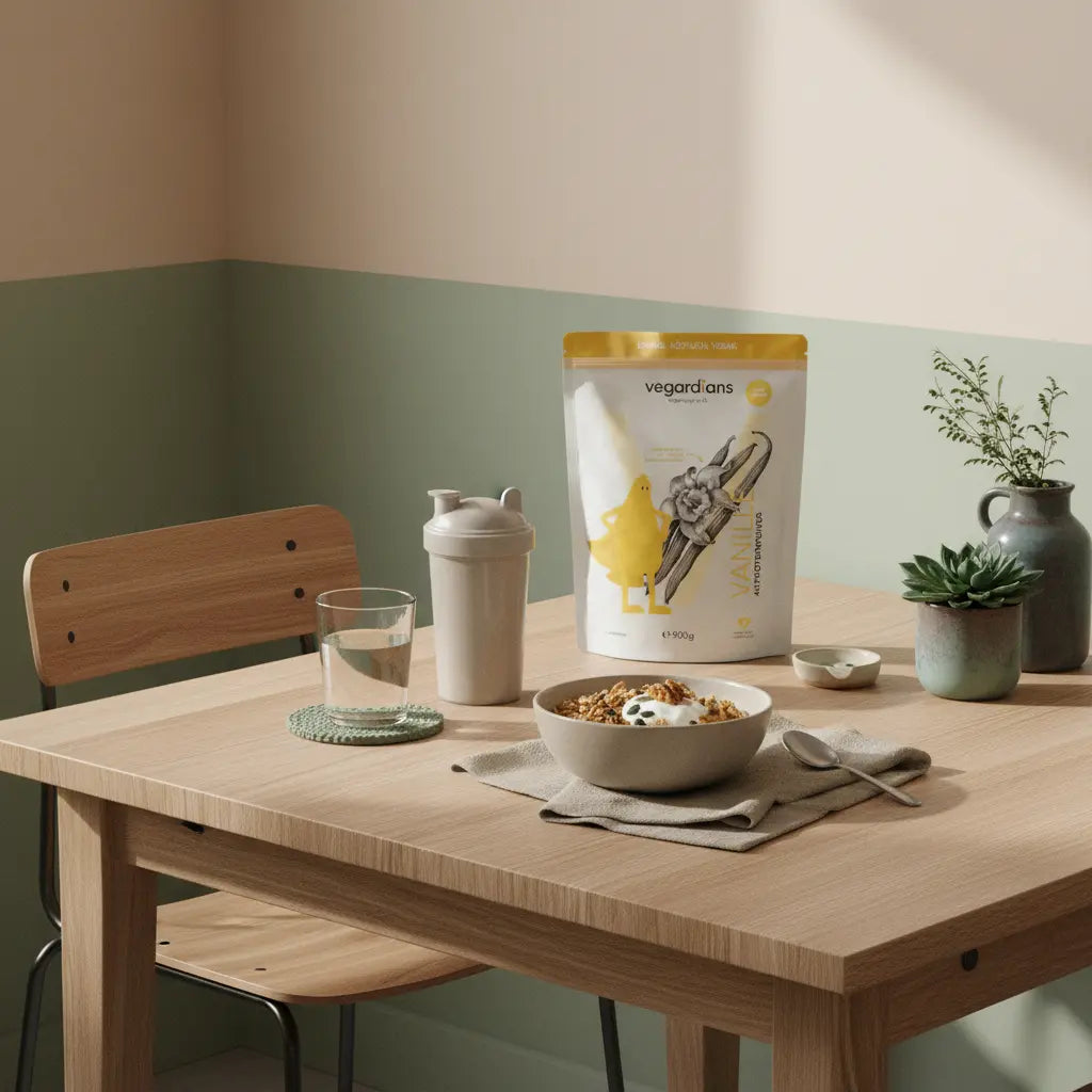 Morgenlicht-Küchenszene mit pflanzlichem Müsli, Nüssen, Wasser und neutralem Shake-Glas auf Leinentisch – stilvolle Darstellung zum Thema carnitin abnehmen.