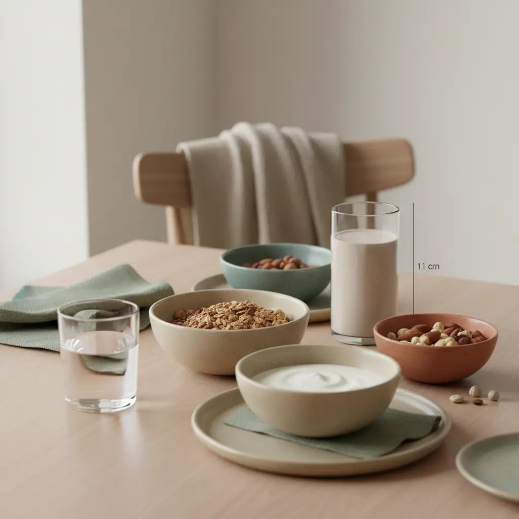 Veganes Frühstück in heller europäischer Küche mit Granola, Pflanzenjoghurt, Nüssen, Shake und nachhaltigem Produkt auf Tisch – Fokus CO2-Ausstoß.