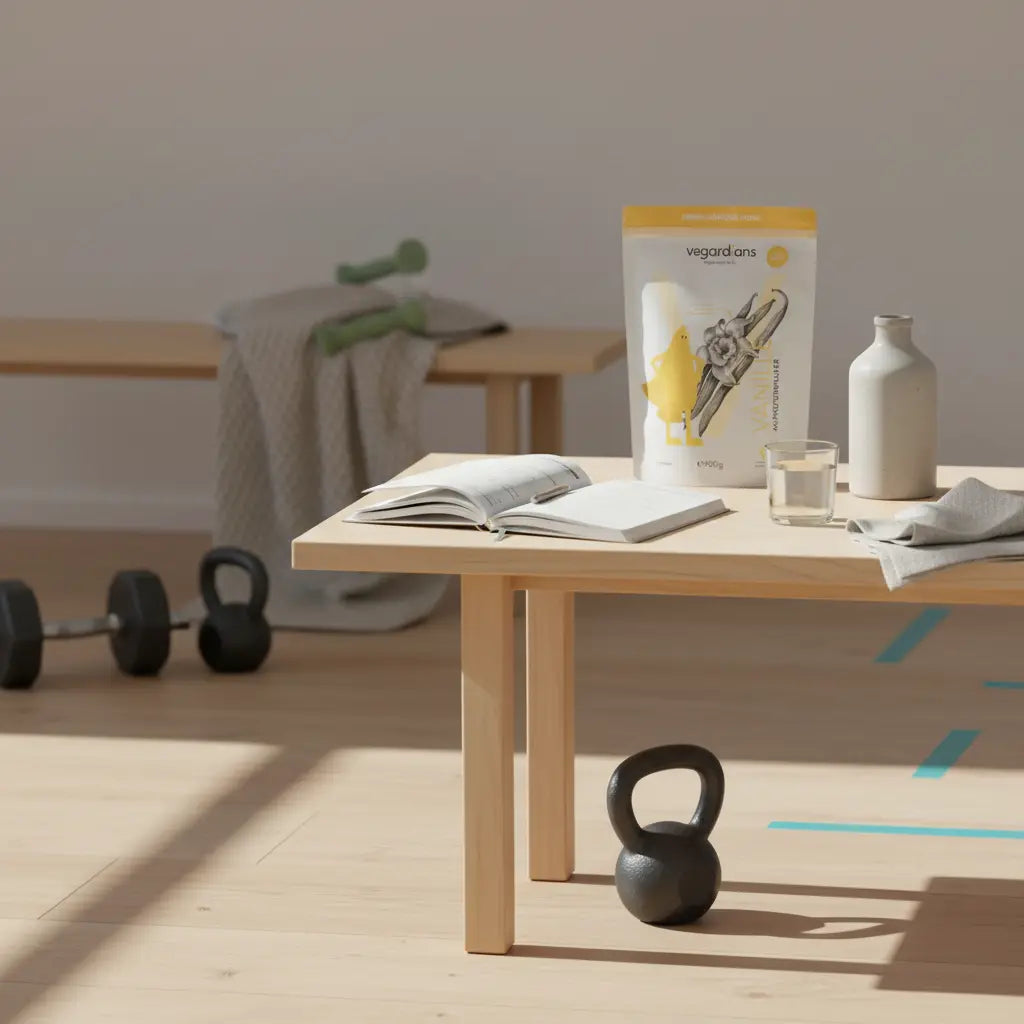 Minimalistische CrossFit-Trainingsszene ohne Personen: Hantel, Kettlebell und offene Wochenplan-Notiz auf Holztisch im sanften Morgenlicht – CrossFit Trainingsfrequenz