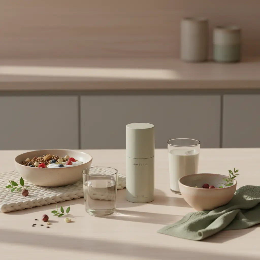 Veganes Frühstück in europäischer Küche auf nachhaltigem Tisch mit Granola, pflanzlichem Joghurt, Nüssen und Shake – nährend für die Darmflora.