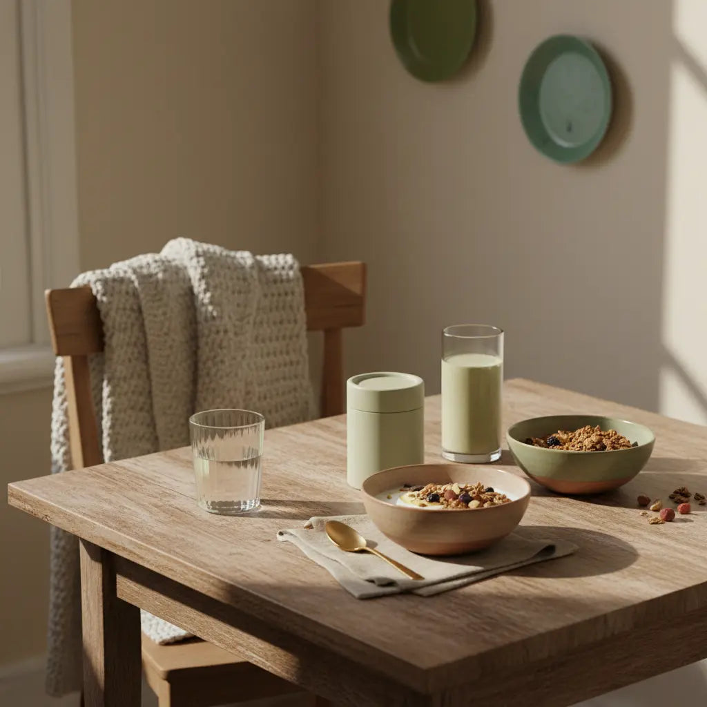 Veganes Granola mit Joghurt, Nüssen und Shake auf nachhaltigem Tisch in einer europäischen Küche im Morgenlicht – darmfreundliches Frühstück, ruhig und minimalistisch.