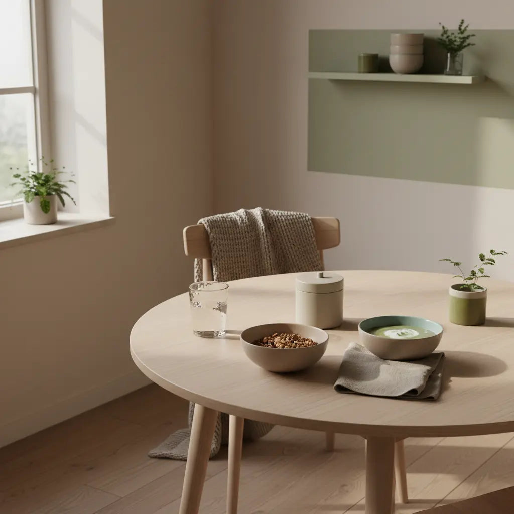 Veganer Frühstückstisch mit Granola, pflanzlichem Joghurt, Nüssen und Shake in Keramikschalen; ruhige Morgenstimmung, Fokus auf Darmgesundheit.