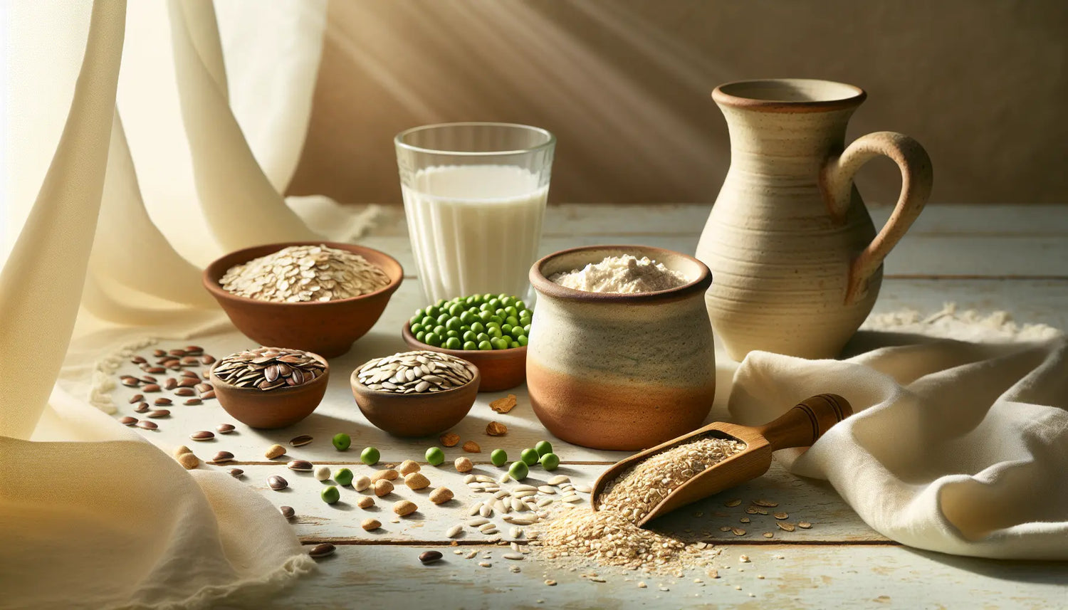 Vegane Proteinpulver Zutaten Erbsen Reis Hanf Sonnenblumenkerne auf heller Holzflaeche mit Keramikbecher Glas Wasser und Leinenserviette