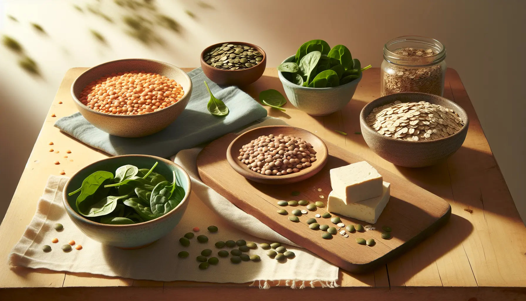 Stillleben mit eisenreichen vegetarischen Lebensmitteln Linsen Tofu Haferflocken Kuerbiskernen Spinat auf rustikalem hellen Holztisch