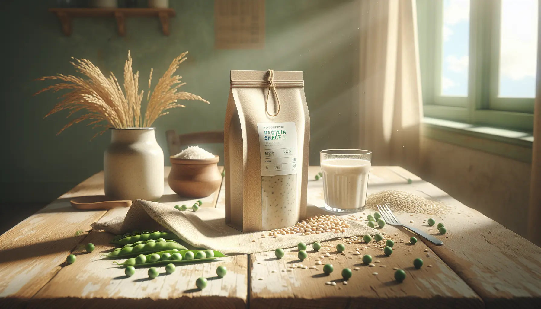 nachhaltige proteinshake verpackung umgeben von erbsen reis hanf auf hellem rustikalem holztisch mit weichem tageslicht und natürlicher textur