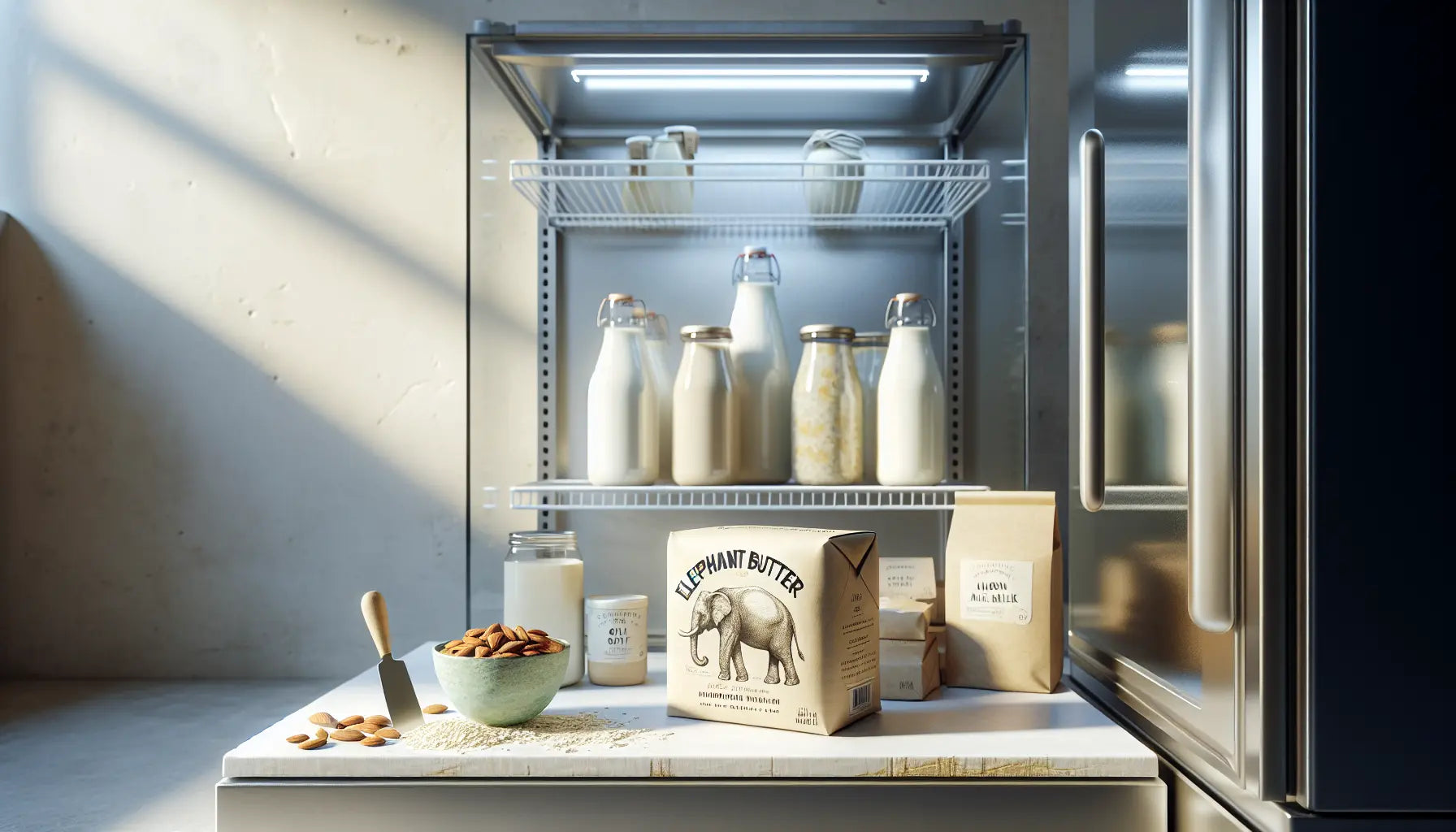 eleplant butter verpackung im modernen supermarkt kuehlregal mit anderen pflanzlichen produkten naturbelassene komposition