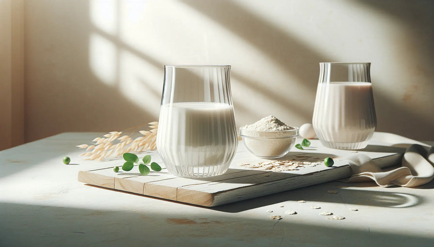 Protein und Eiweisspulver in eleganten Glaesern mit frischen Erbsen Hafer auf heller Holzoberflaeche in minimalistischem Setup