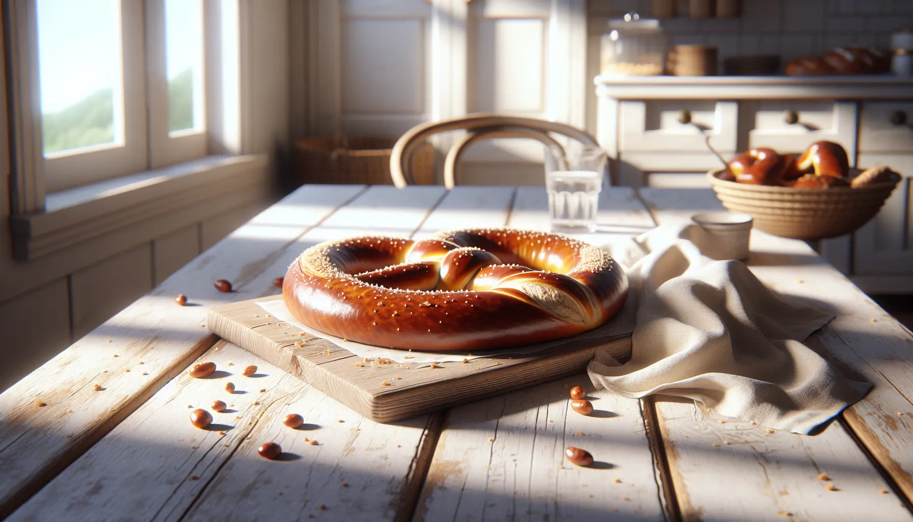 frisches laugengebaeck auf rustikalem holztisch mit leinenserviette und glas wasser in traditioneller baeckerei