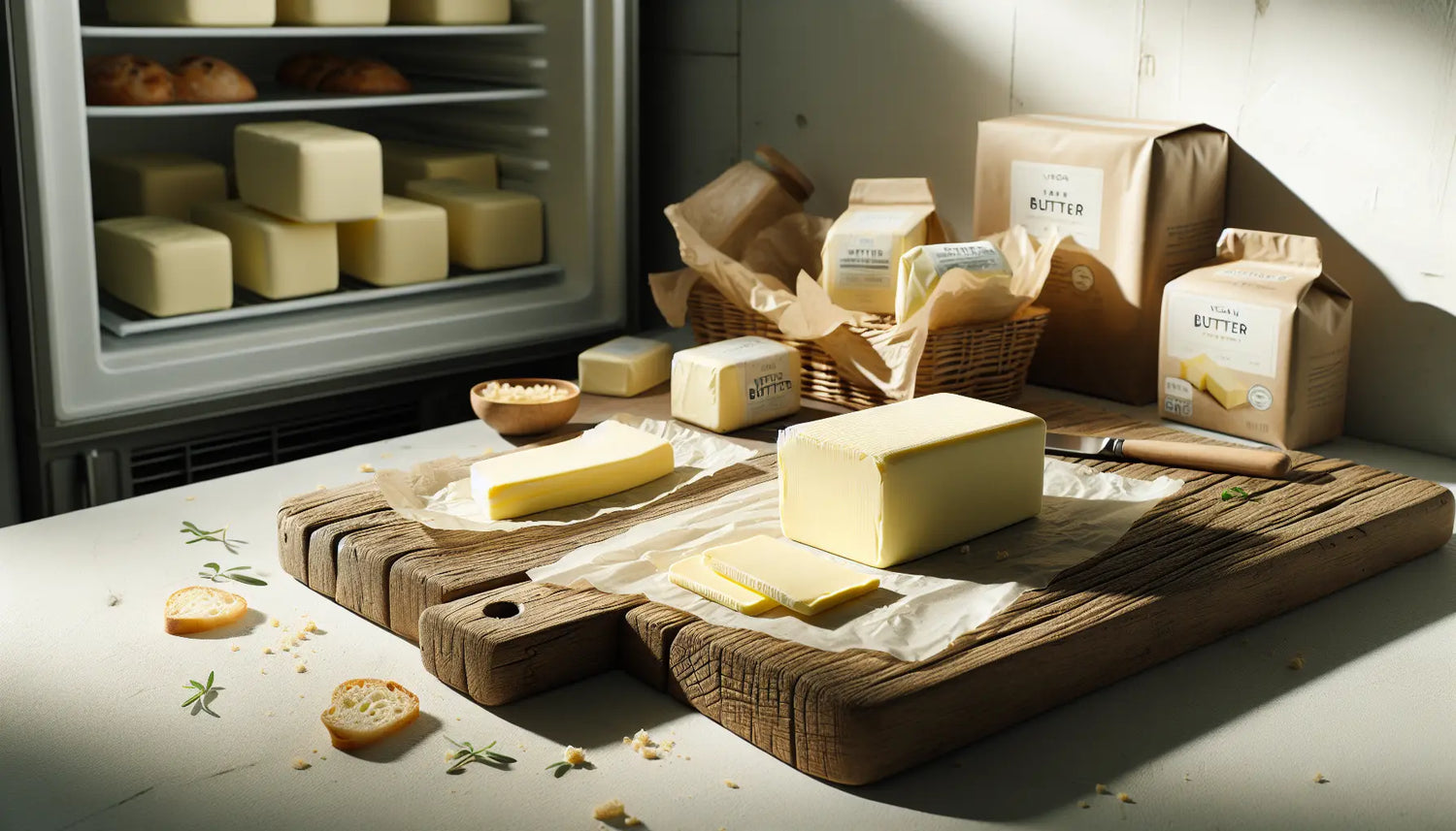 Kuehlregal mit pflanzlicher Butter und klassischer Butter in natuerlicher Verpackung ohne Marken minimalistische Komposition hell