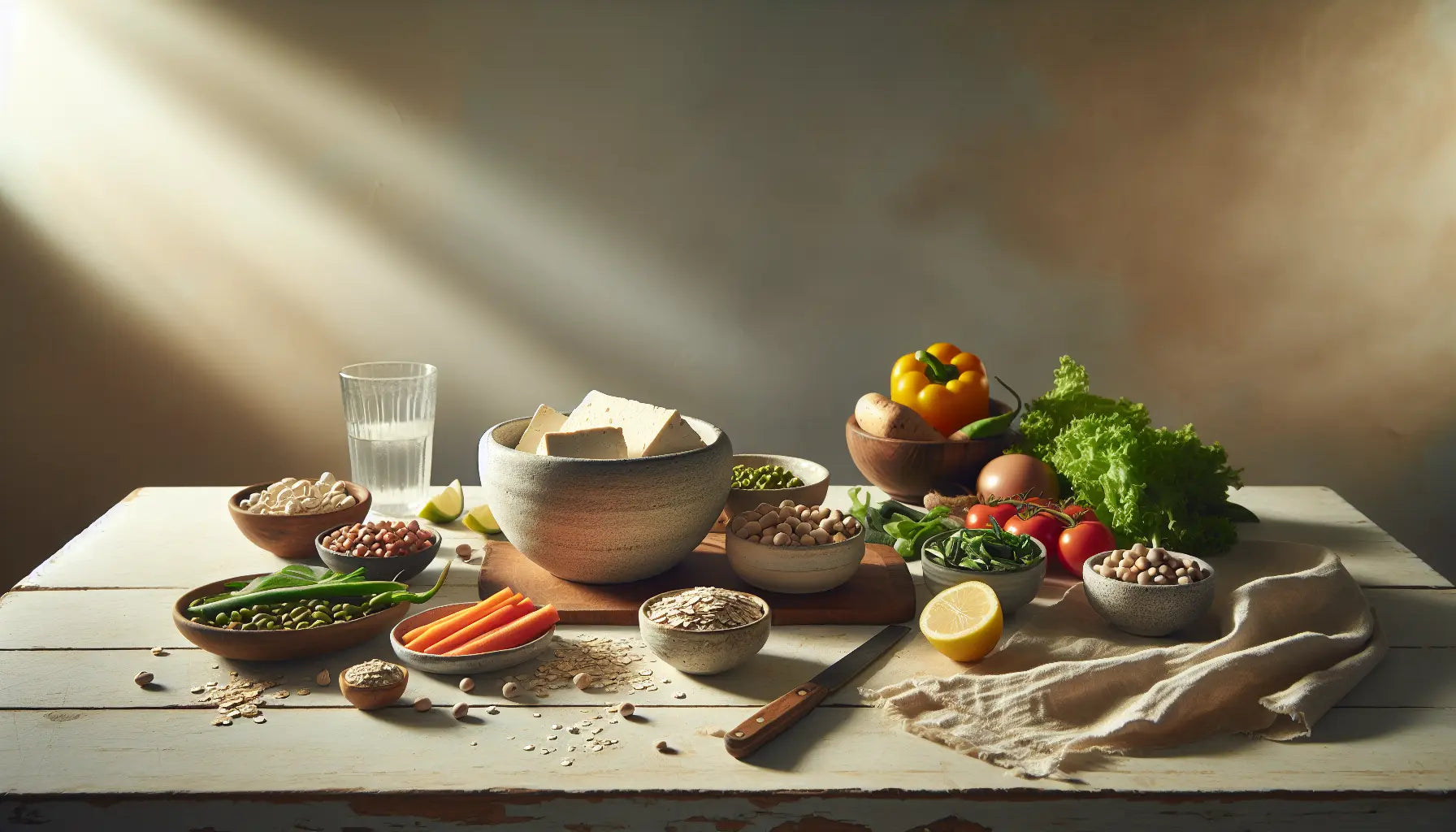 helle küche mit frischem gemüse tofu hülsenfrüchten auf holzoberfläche mit glas wasser und leinenserviette vegane mahlzeit zubereitung