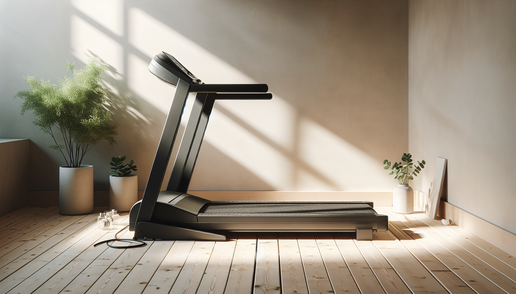 modernes laufband im fitnessstudio mit pflanzen und hellem holzboden bei sonniger tageslichtbeleuchtung