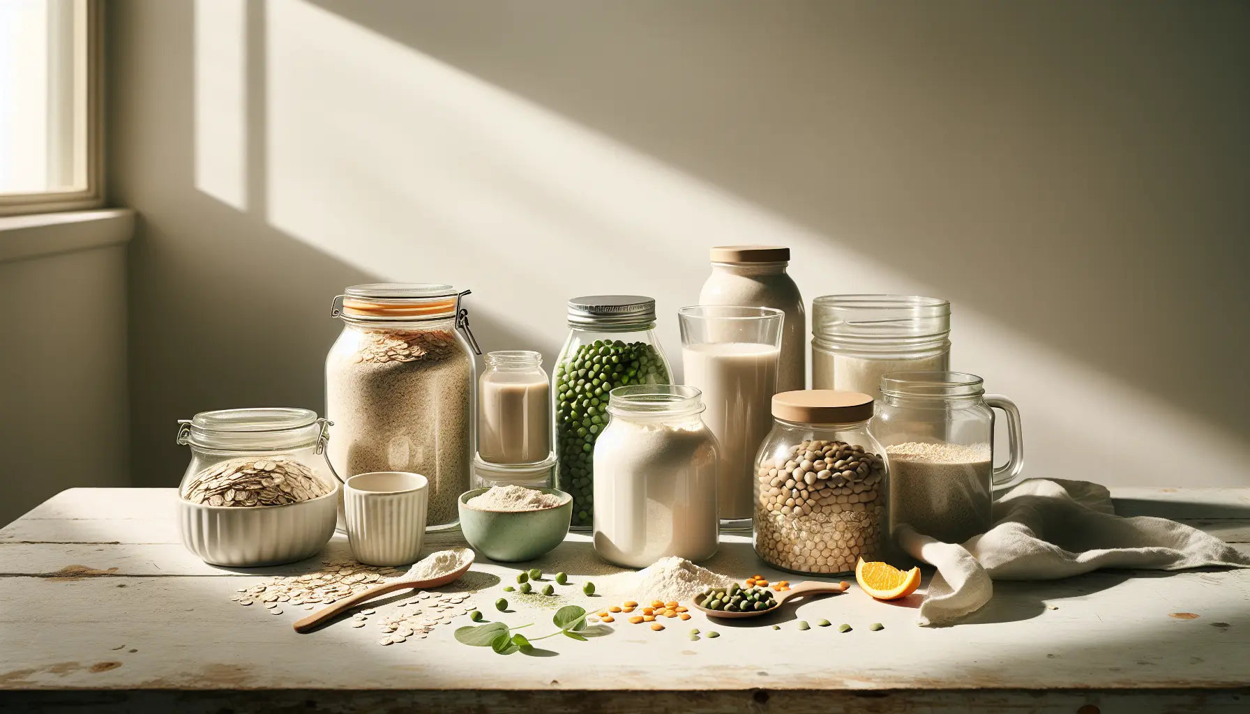 verschiedene behaelter mit veganem proteinpulver erbsen reis hanfsamen auf hellem holztisch mit naturlichem tageslicht