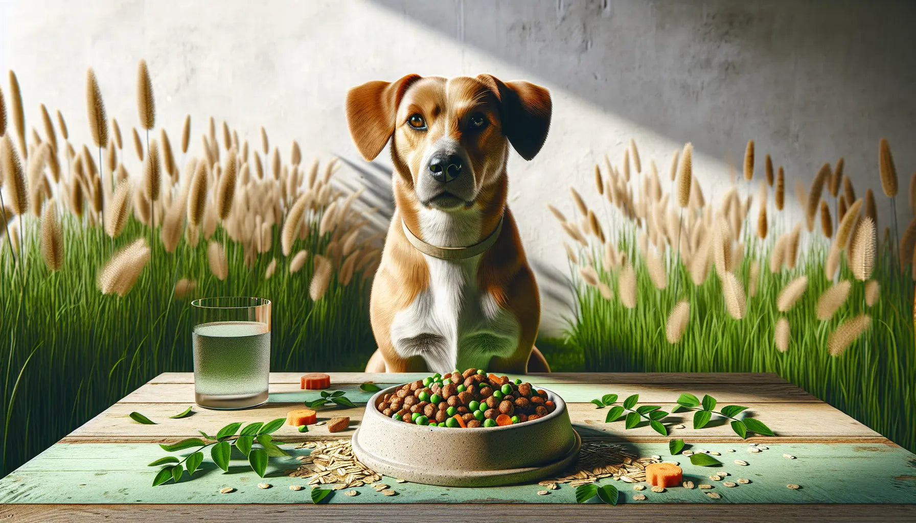 Gesunder Hund sitzt in grünem naturnahem Umfeld mit veganes pflanzliches Hundefutter auf hellem Holz und Wasser Glas