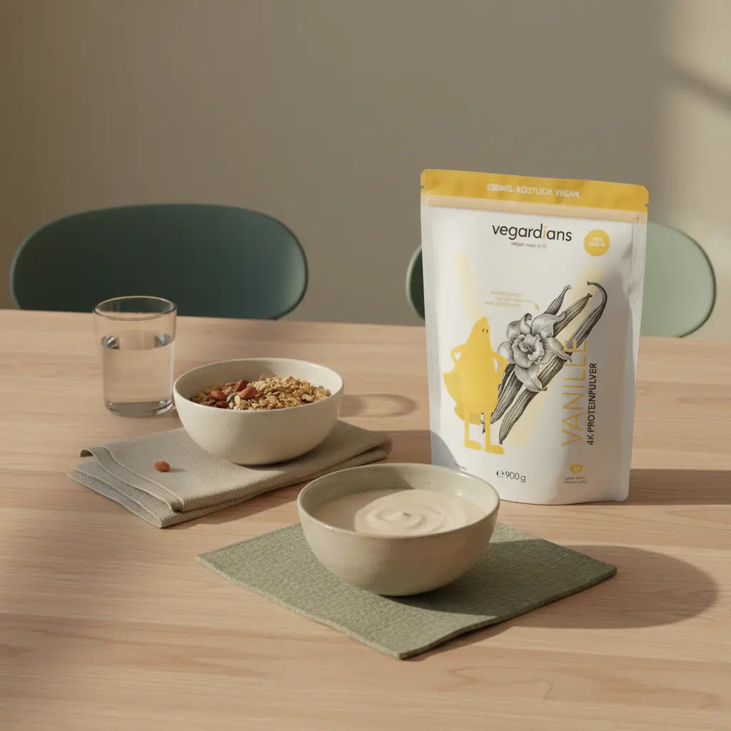 Minimalistische Küchenszene mit Müsli, Nüssen, Glas Wasser und Diätdrink-Shake auf nachhaltigem Holztisch im sanften Morgenlicht.