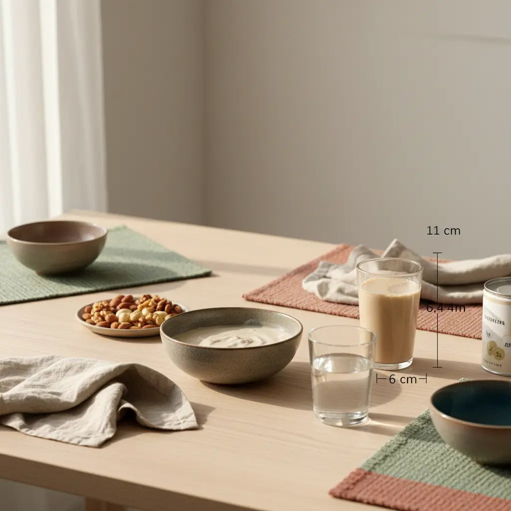 Minimalistisches Frühstück mit proteinreicher Magerquark‑Alternative, Nüssen, Shake und Wasserglas auf nachhaltigem Holztisch in Vegardians‑Farben – dukan diät lebensmittel