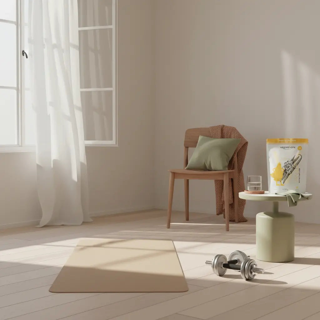 Minimalistische Heimstudio-Szene mit Matte, Hanteln, offenem Fenster, Glas Wasser und Produkt auf Beistelltisch für effektives Training in ruhiger, nachhaltiger Atmosphäre.