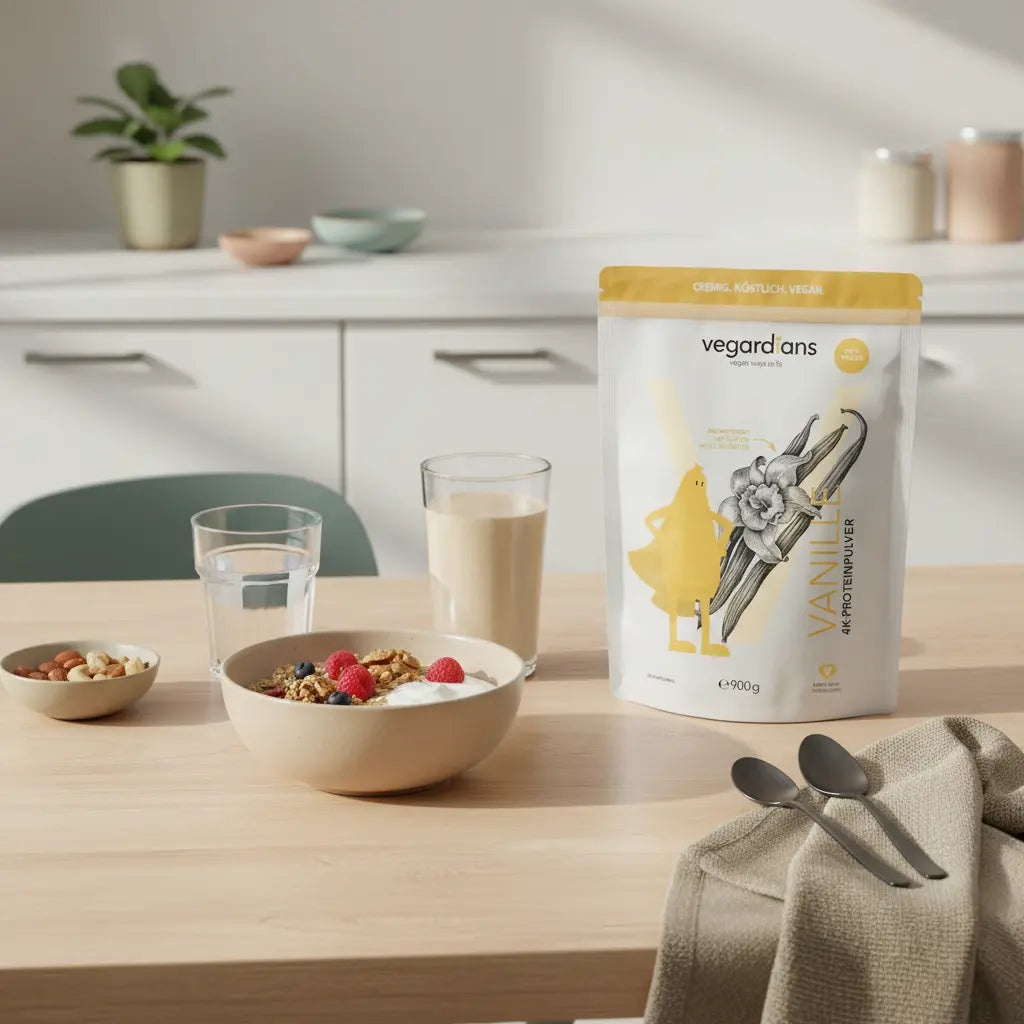 Minimalistisches veganes Frühstück mit Müsli, pflanzlichem Joghurt, Nüssen und Proteinshake neben Vegardians-Produkt – ideal für effektivste fettverbrennung