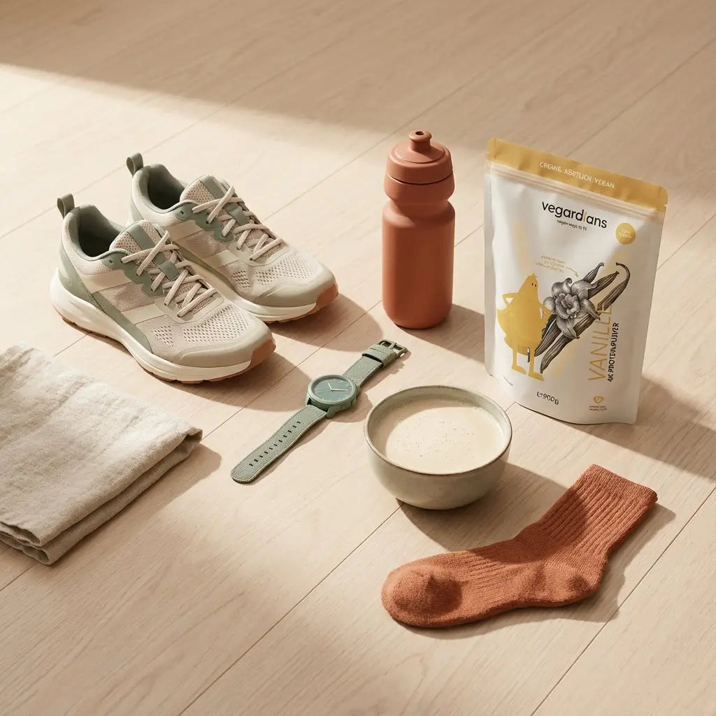 effektivstes ausdauertraining: minimalistische Szene mit Laufschuhen, Rennradflasche, Trainingsuhr und Proteinshake in Keramikschale auf hellem Holzboden im Morgenlicht