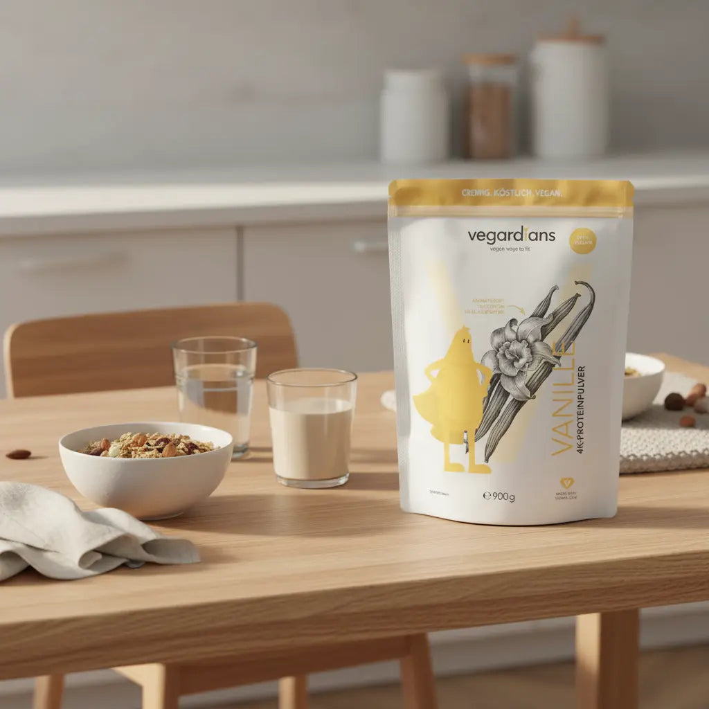 Minimalistische Morgen-Szene in europäischer Küche mit Holztisch, Glas Wasser, Schale Müsli, Nüssen und Das Produkt aus den Referenzfotos auf dem Tisch – effektivstes Training zum Abnehmen