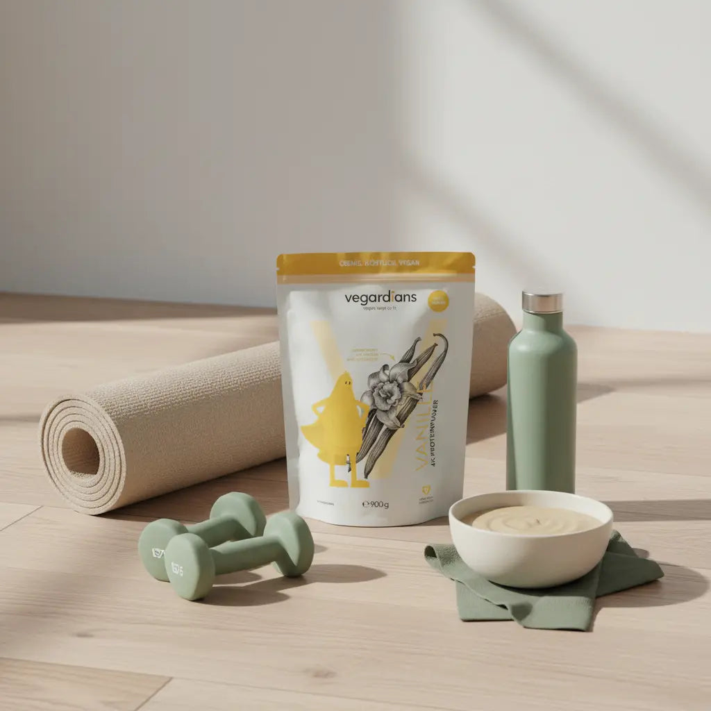 Minimalistisches Fitness-Stillleben mit Yogamatte, Kurzhanteln, Trinkflasche und pflanzlichem Protein-Shake auf Holzboden im Morgenlicht – effektivstes workout