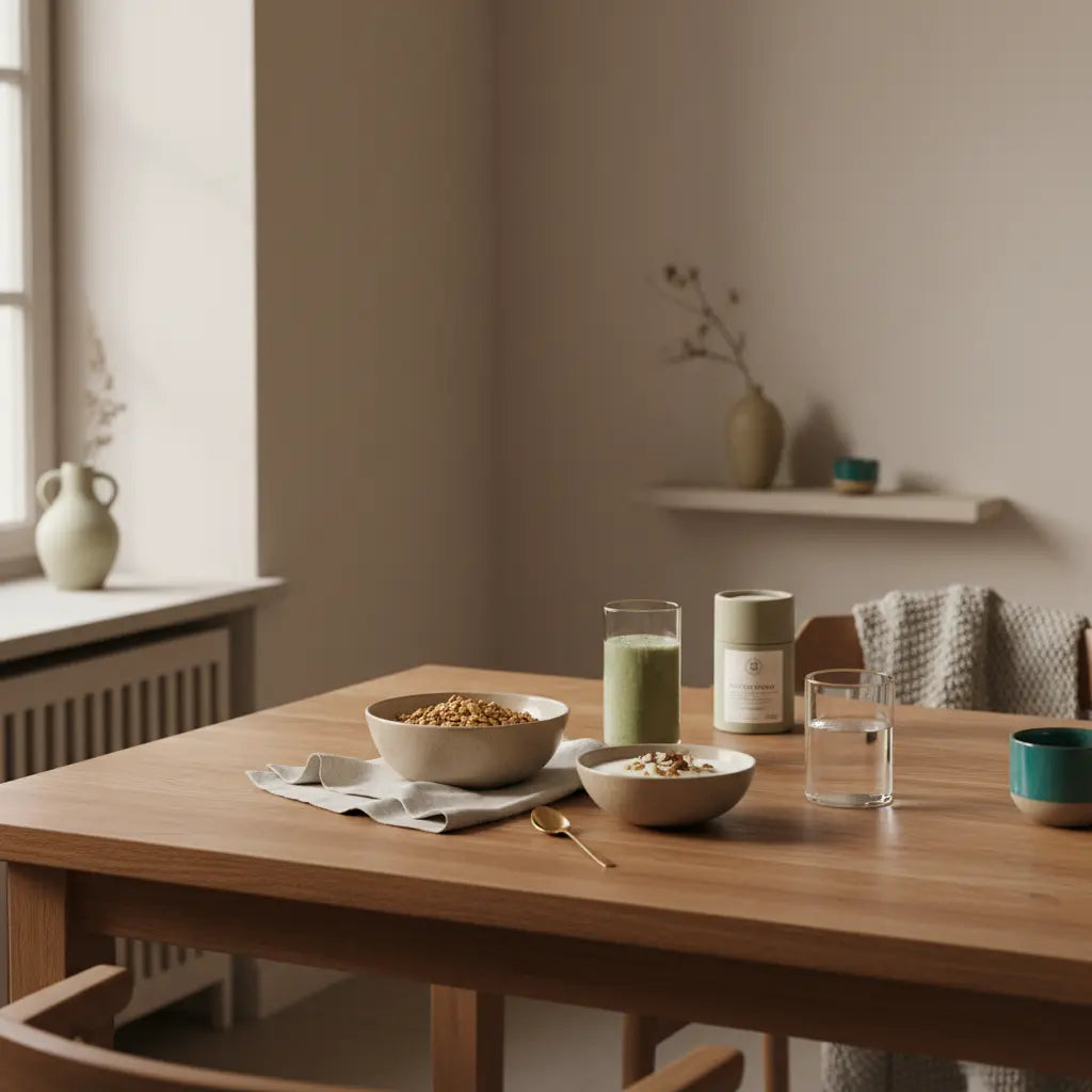 Minimalistisches Frühstück mit Granola, veganem Joghurt, Nüssen und Shake auf nachhaltigem Tisch in europäischer Küche bei Morgenlicht — Eier pflanzliche Ernährung